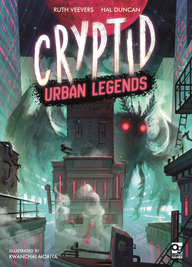 Cover for the game 
                Cryptid: Urban Legends. A large mothman like creature is shown 
                lurking behind a shadowy building.